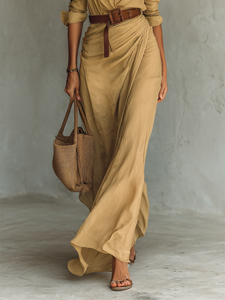 Robe Maxi Longue avec Col Revers et Manches Longues pour Femmes