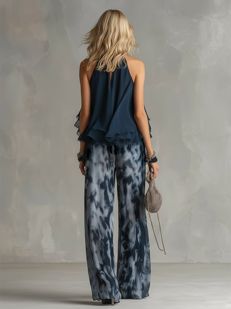 Lilla – ensemble élégant en chiffon avec un haut à col montant et un pantalon à jambes larges à motifs