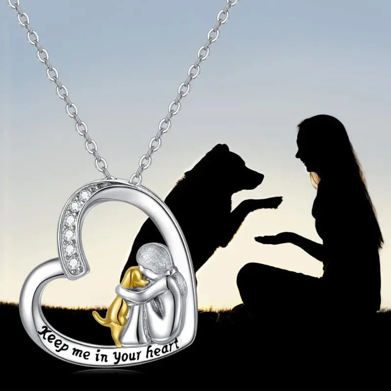Silver necklace with heart, dog, and zirconia stones