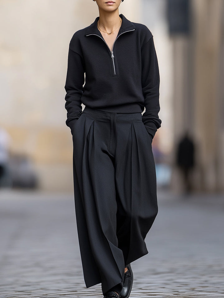 Jade - Set Pullover con Mezza Zip e Pantaloni a Gamba Larga con Pieghe