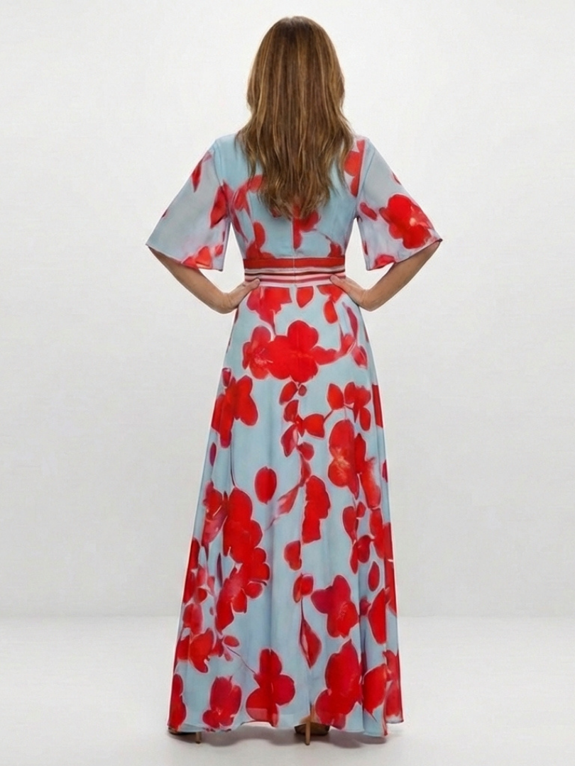 Stella & Grace™ | Abito Maxi Floreale con Scollo a V e Maniche Corte