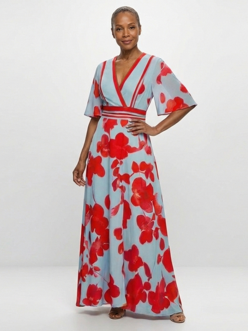 Stella & Grace™ | Abito Maxi Floreale con Scollo a V e Maniche Corte