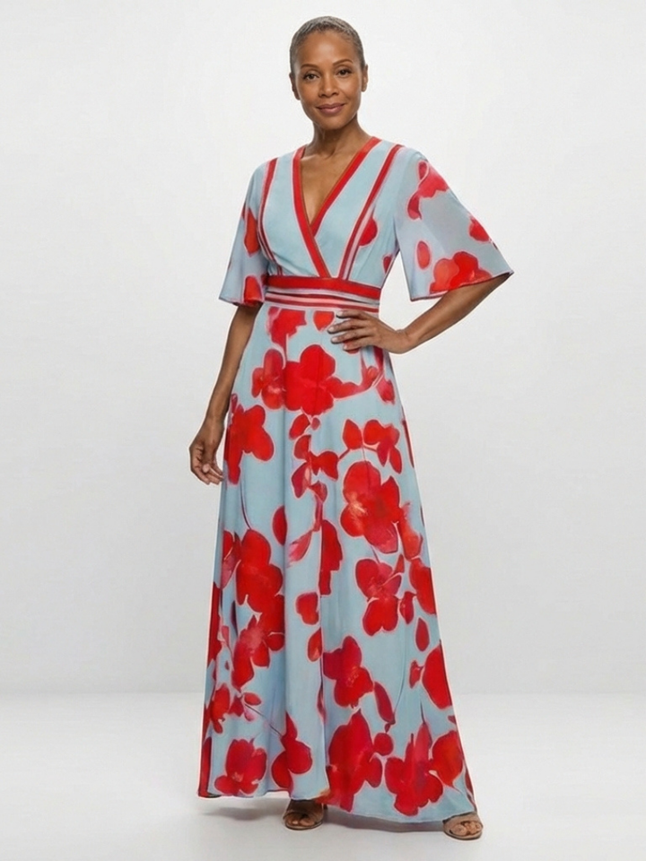 Stella & Grace™ | Abito Maxi Floreale con Scollo a V e Maniche Corte