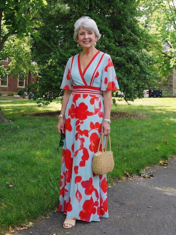 Stella & Grace™ | Abito Maxi Floreale con Scollo a V e Maniche Corte