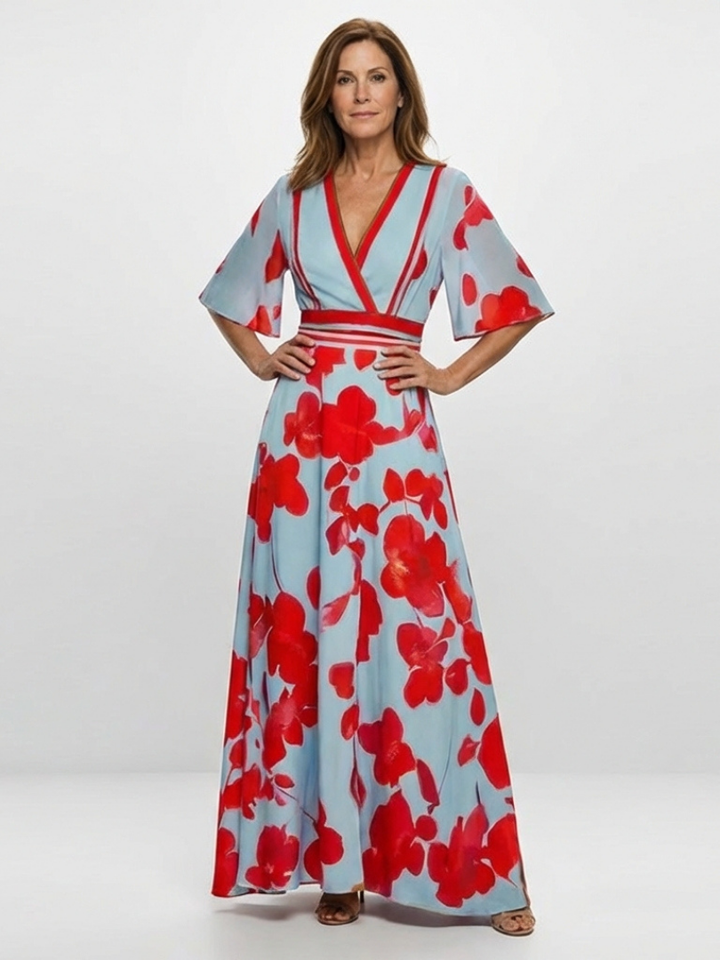 Stella & Grace™ | Abito Maxi Floreale con Scollo a V e Maniche Corte