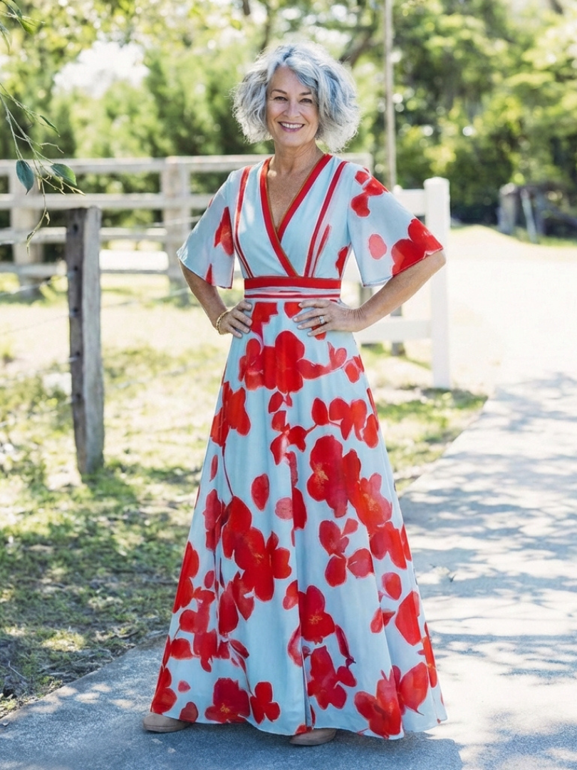 Stella & Grace™ | Abito Maxi Floreale con Scollo a V e Maniche Corte