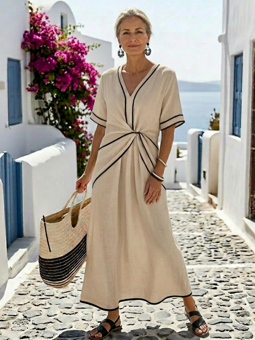Linnea | Vestito midi a maniche corte con scollatura a V e vita arricciata
