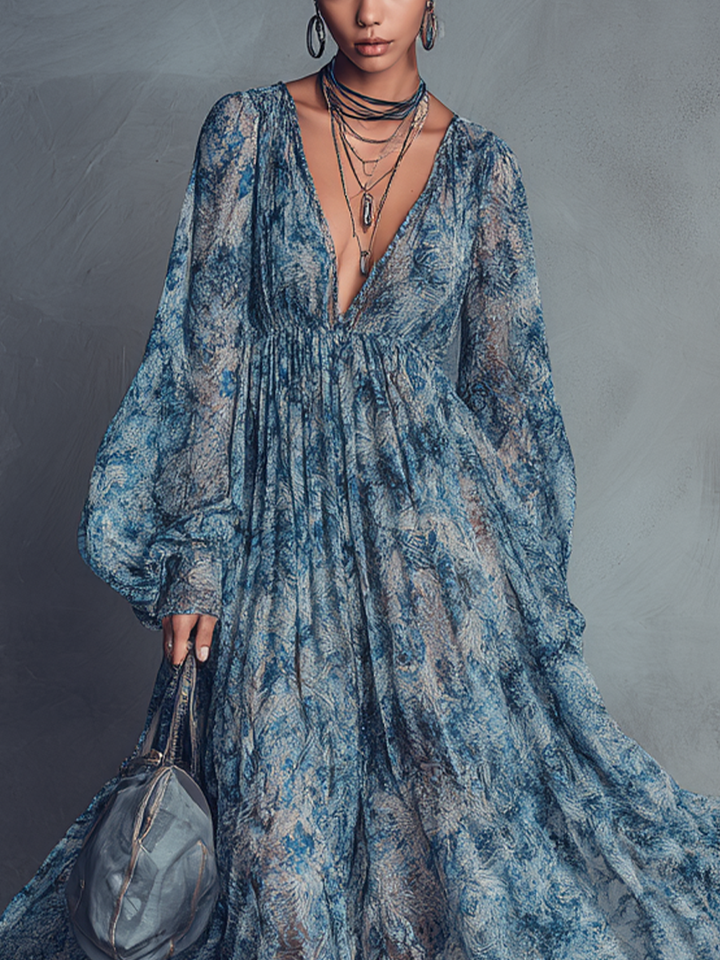 Robe maxi en chiffon à imprimé floral bleu style bohème pour femme avec décolleté en V et manches lanternes