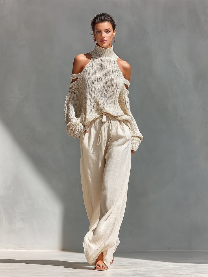 Ensemble Top Col Roulé à Épaules Dégagées en Tricot Beige pour Femmes & Pantalons à Jambes Larges
