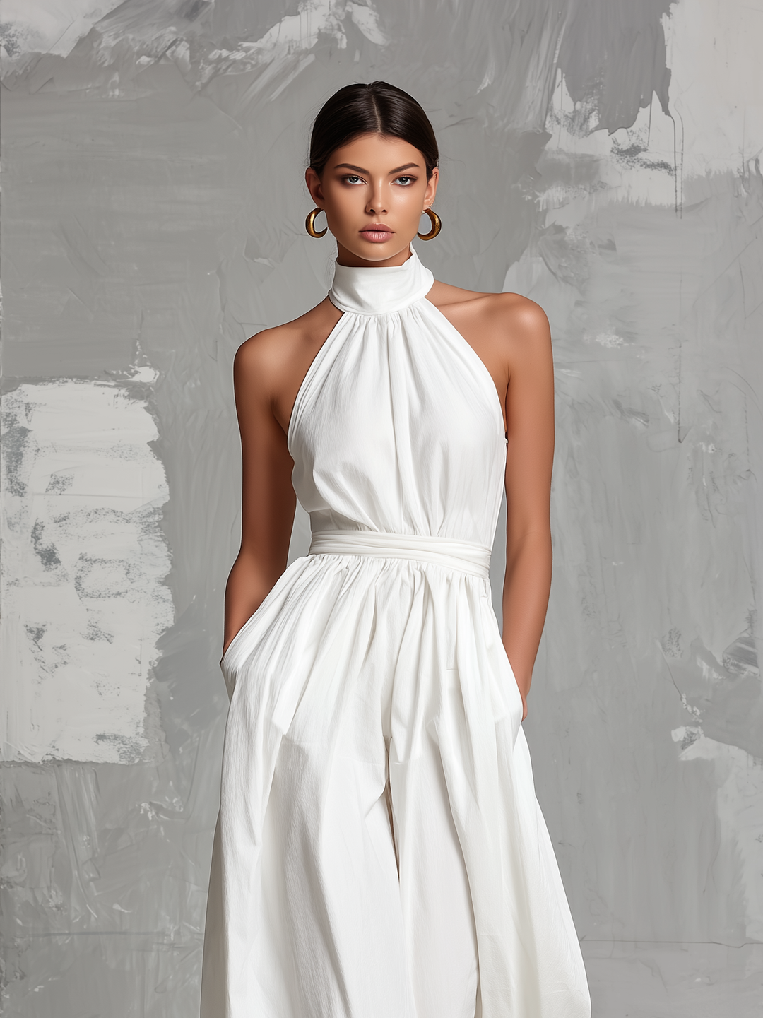 Combinaison élégante blanche tissée, sans manches, à col halter