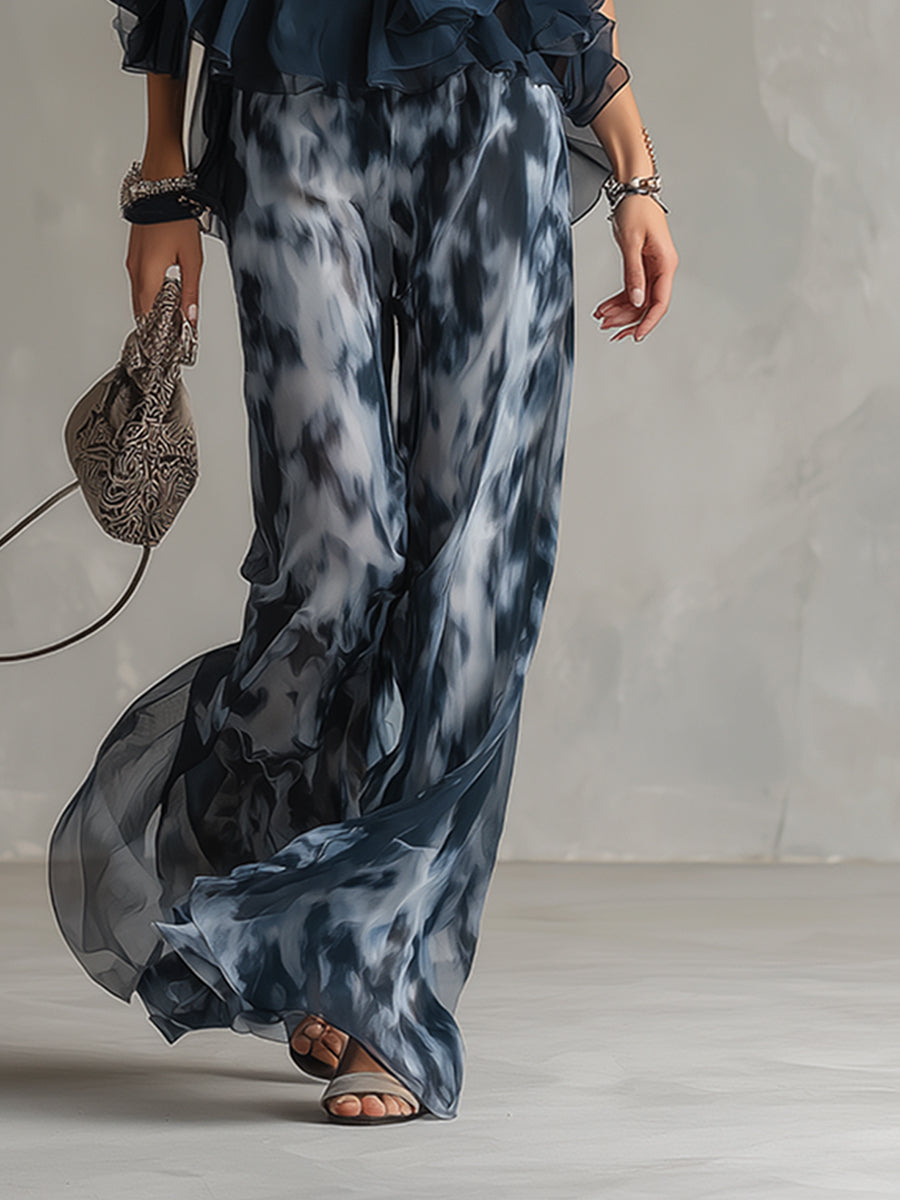 Lilla – ensemble élégant en chiffon avec un haut à col montant et un pantalon à jambes larges à motifs