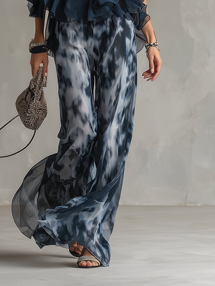 Lilla – ensemble élégant en chiffon avec un haut à col montant et un pantalon à jambes larges à motifs