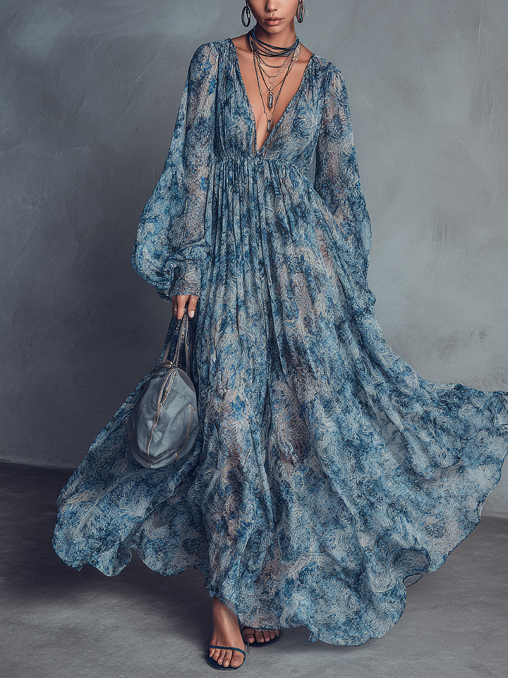 Robe maxi en chiffon à imprimé floral bleu style bohème pour femme avec décolleté en V et manches lanternes