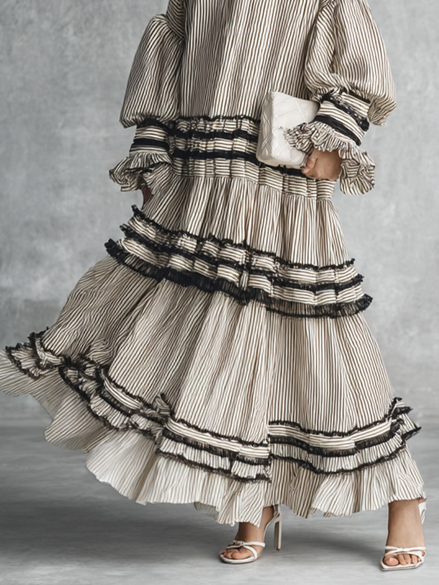 Robe maxi longue à volants à rayures bohème pour femme