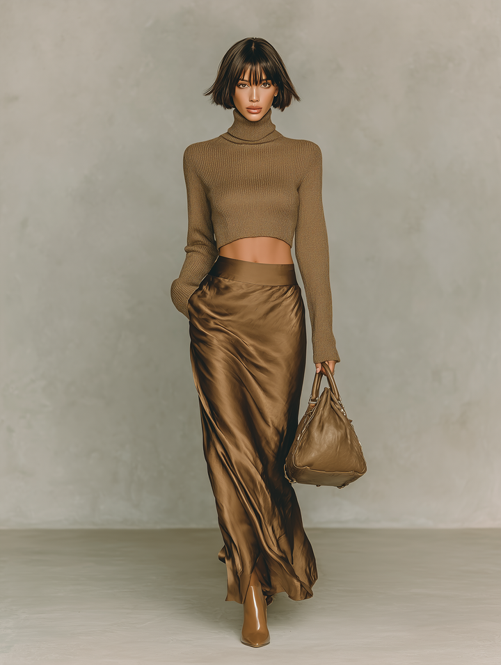 Pull à col haut doré-marron pour femmes, à manches longues, associé à une jupe midi en satin