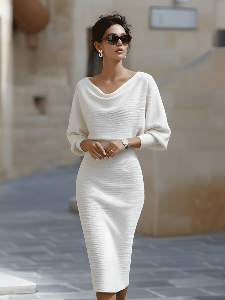 Robe midi drapée avec manches chauve-souris