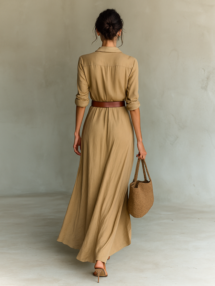 Robe Maxi Longue avec Col Revers et Manches Longues pour Femmes