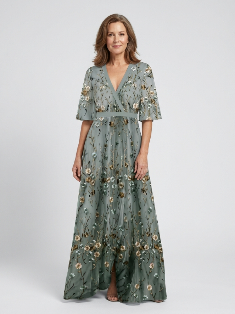 Stella & Grace™ | Abito Maxi a V Fiori con Maniche Corte