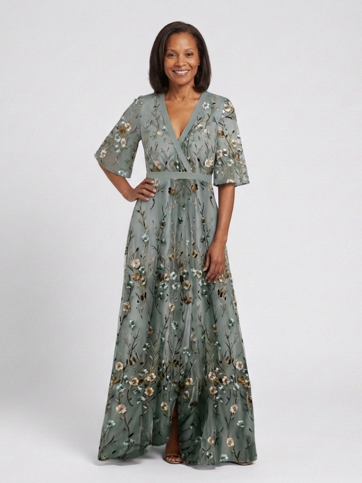 Stella & Grace™ | Abito Maxi a V Fiori con Maniche Corte