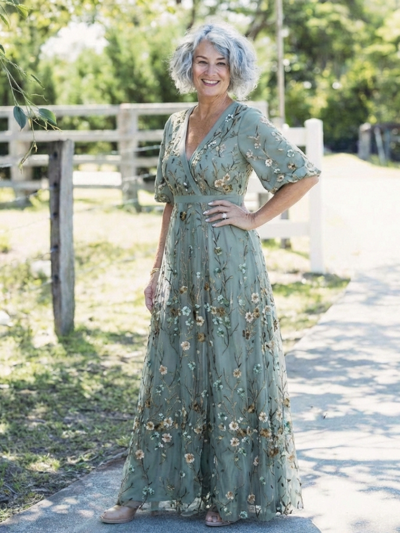 Stella & Grace™ | Abito Maxi a V Fiori con Maniche Corte
