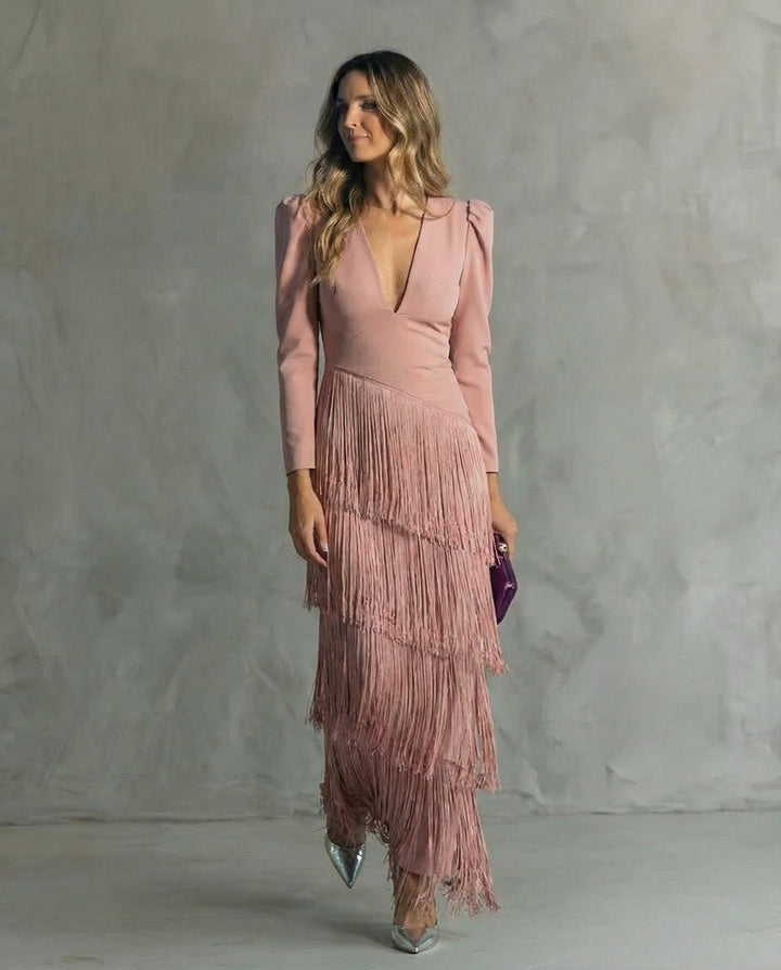 Clara™ | Robe midi élégante avec des manches à franges