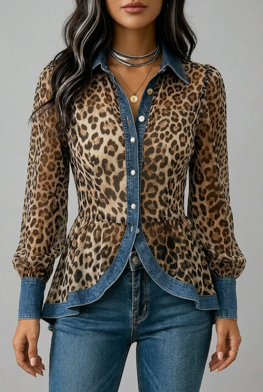 Fablenne™ | Giacca lunga a contrasto in denim con stampa leopardata