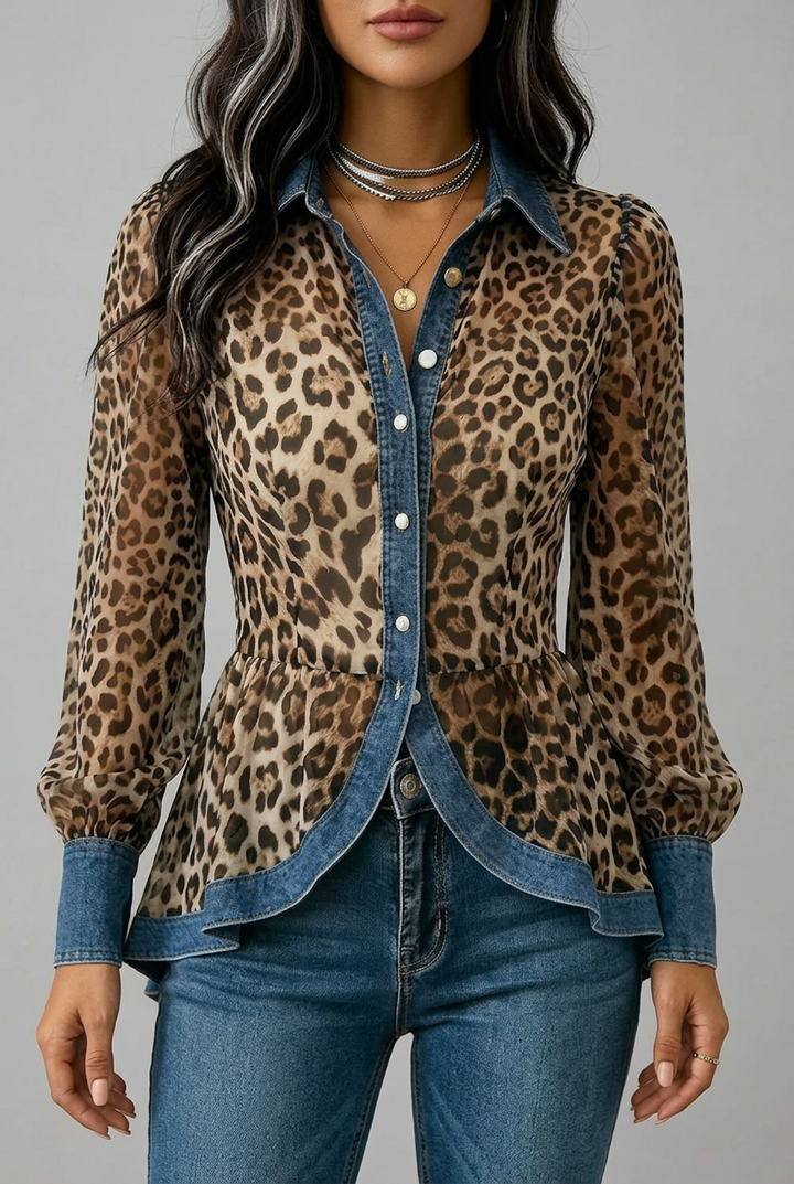 Fablenne™ | Giacca lunga a contrasto in denim con stampa leopardata