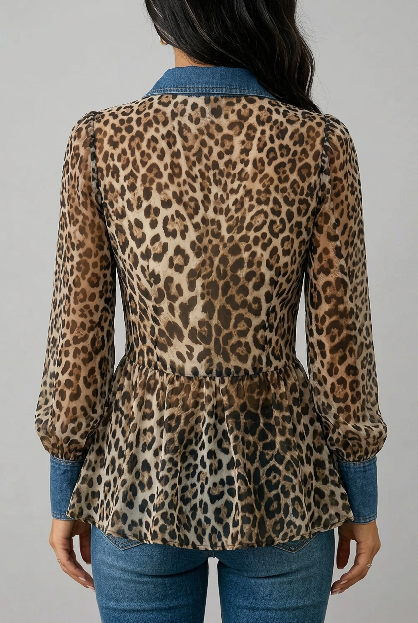 Fablenne™ | Giacca lunga a contrasto in denim con stampa leopardata
