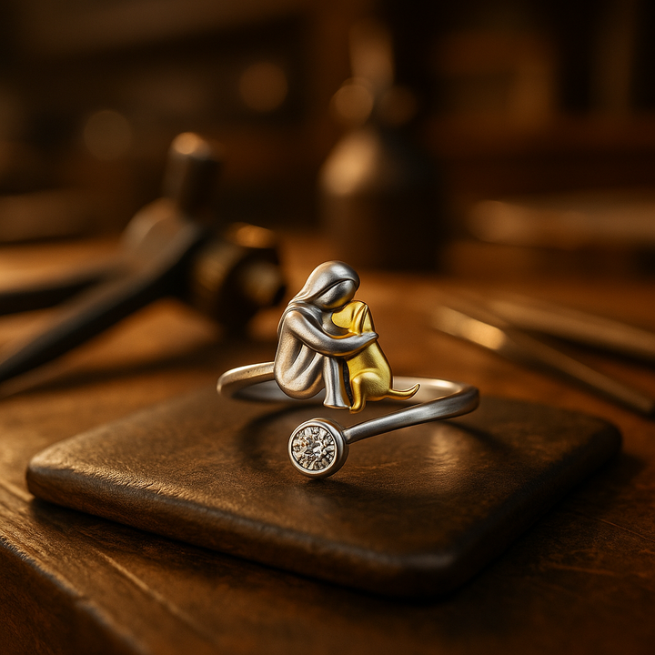 Silver ring with a dog and zirconia stones.