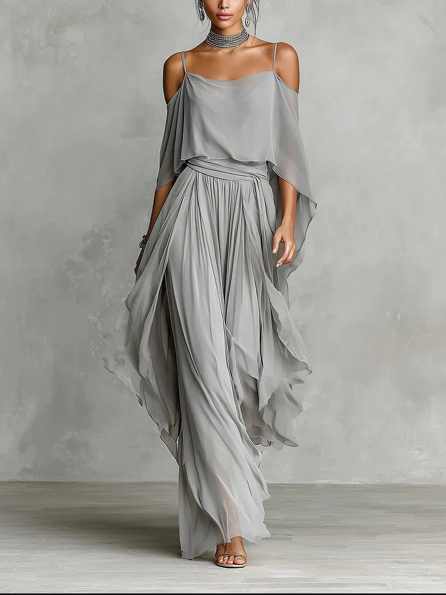 Isabela | Ensemble fluide gris avec top à bretelles et pantalons légers