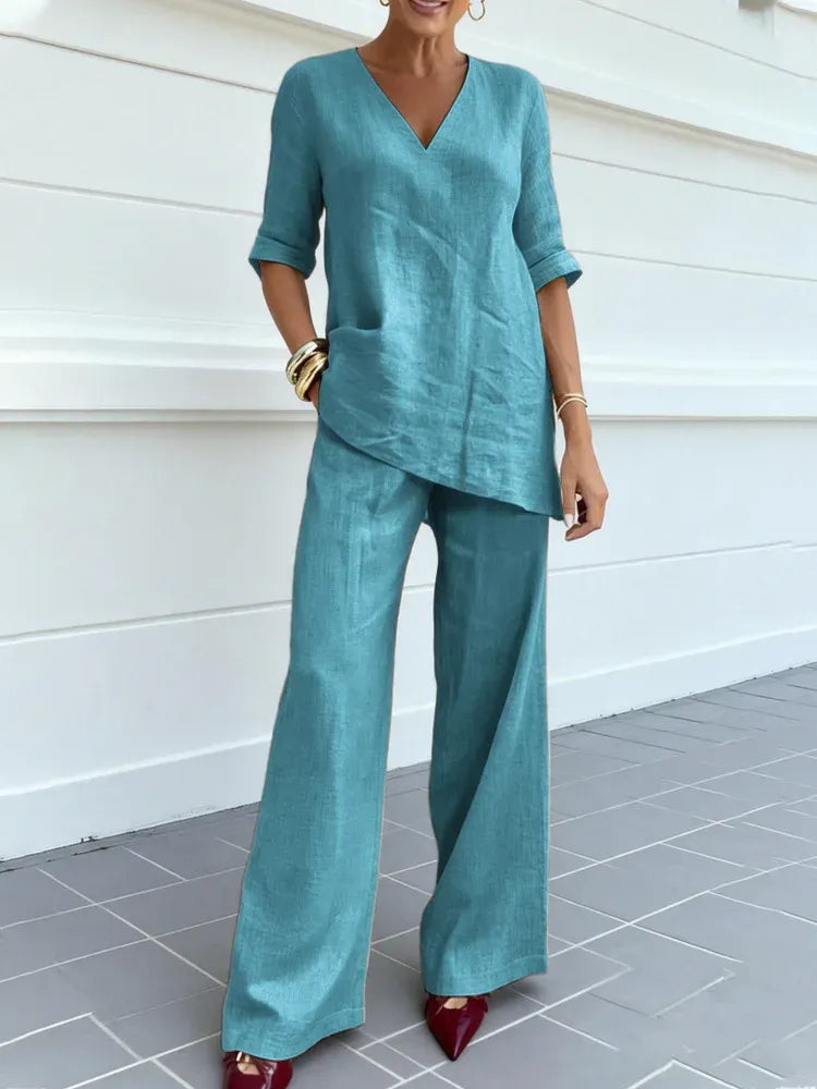 Céline | Ensemble de Deux Pièces avec top à manches mi-longues et pantalons droits