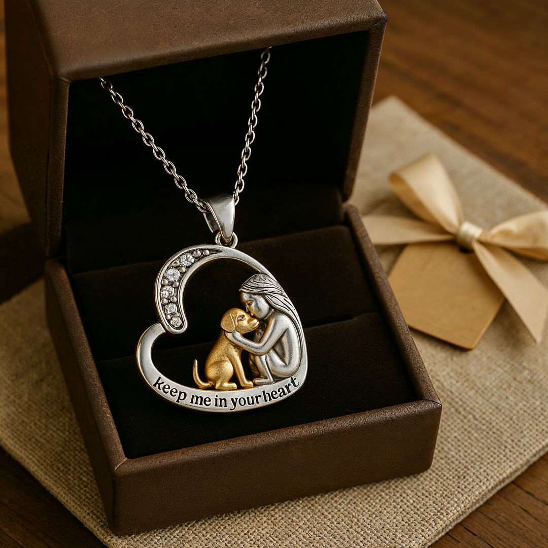 Silver necklace with heart, dog, and zirconia stones