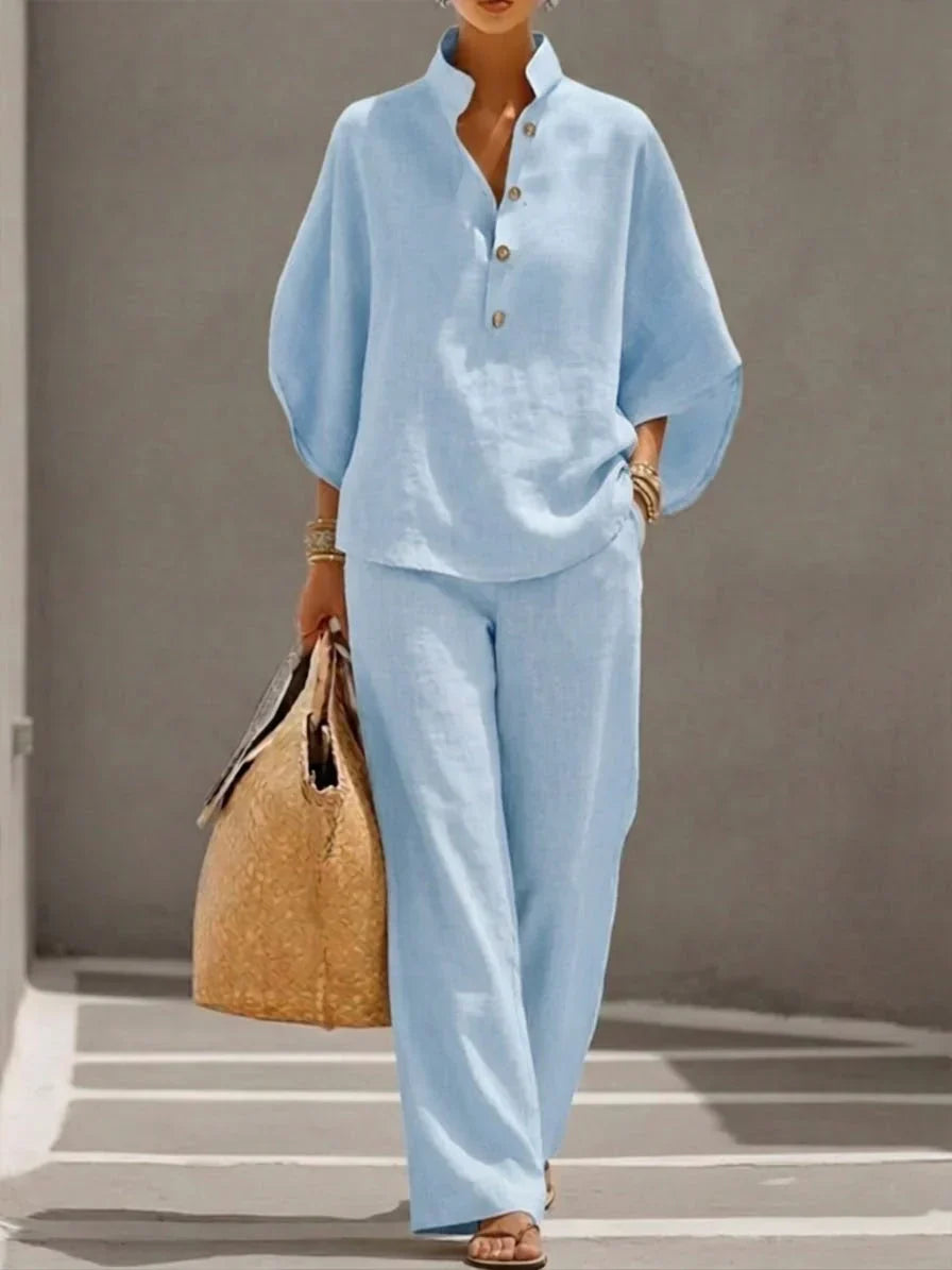 Camille™ | Ensemble en lin avec manches chauve-souris et pantalon large