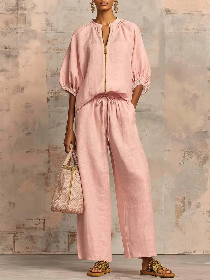 Colette | Ensemble de deux pièces en lin et coton : Chemise de style décontracté et pantalon à jambes larges