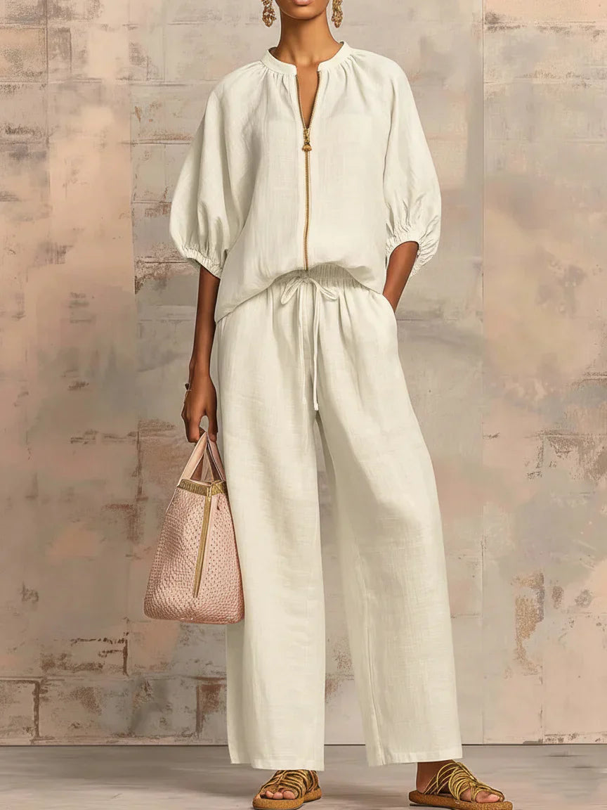 Colette | Ensemble de deux pièces en lin et coton : Chemise de style décontracté et pantalon à jambes larges