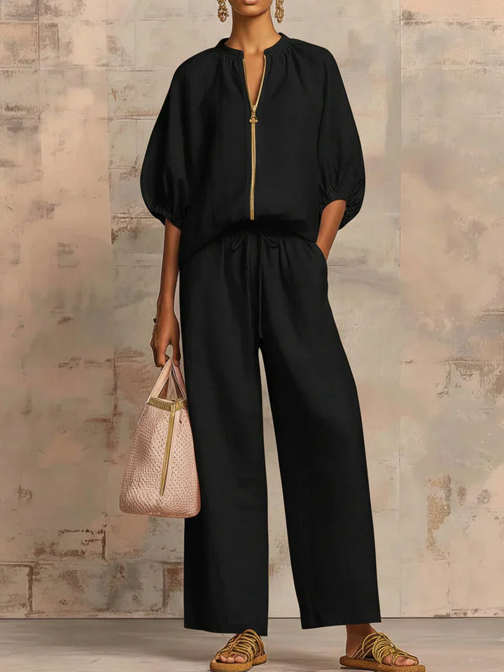 Colette | Ensemble de deux pièces en lin et coton : Chemise de style décontracté et pantalon à jambes larges