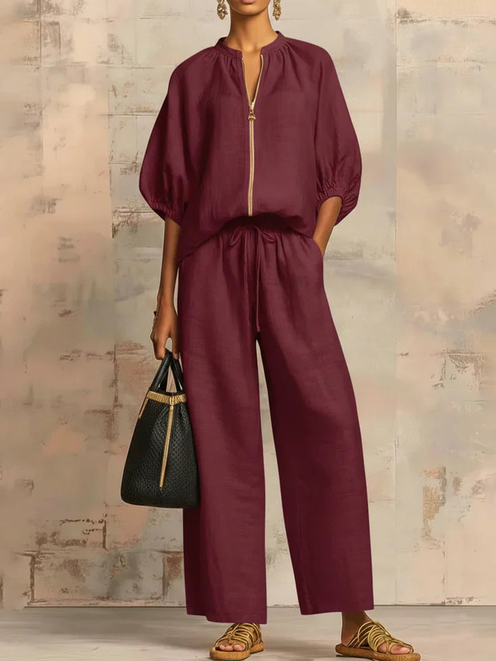 Colette | Ensemble de deux pièces en lin et coton : Chemise de style décontracté et pantalon à jambes larges