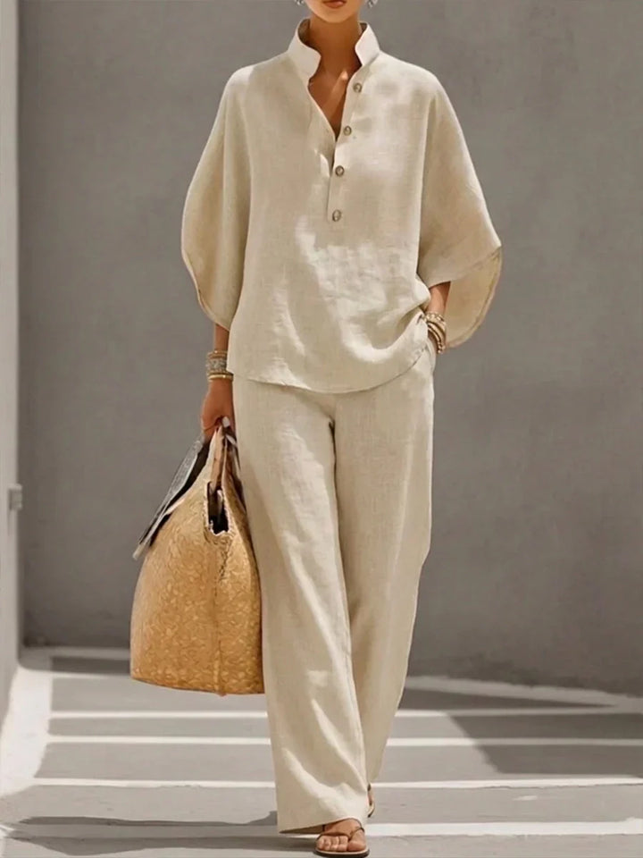 Camille™ | Ensemble en lin avec manches chauve-souris et pantalon large
