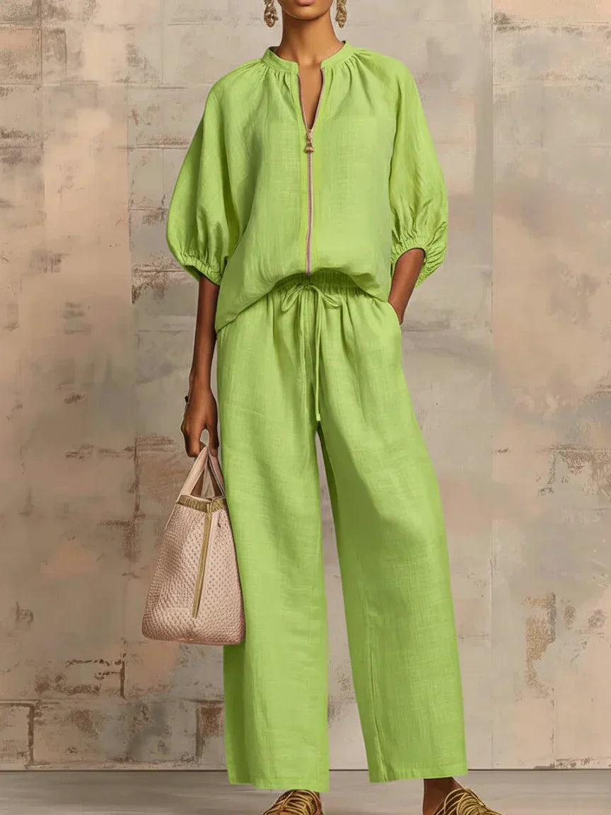 Colette | Ensemble de deux pièces en lin et coton : Chemise de style décontracté et pantalon à jambes larges