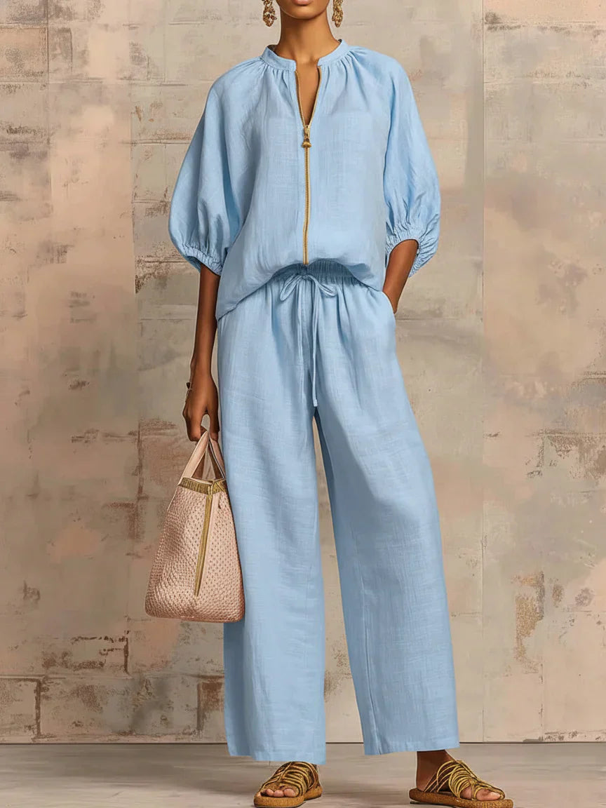 Colette | Ensemble de deux pièces en lin et coton : Chemise de style décontracté et pantalon à jambes larges