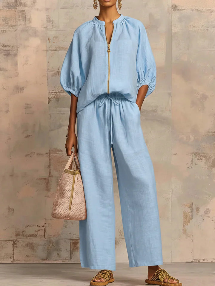 Colette | Ensemble de deux pièces en lin et coton : Chemise de style décontracté et pantalon à jambes larges