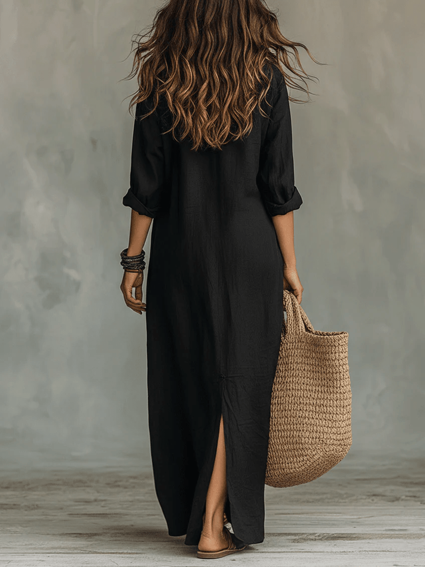 Soline™ | Maxi robe noire moulante avec boutons