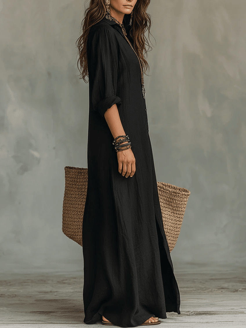 Soline™ | Maxi robe noire moulante avec boutons