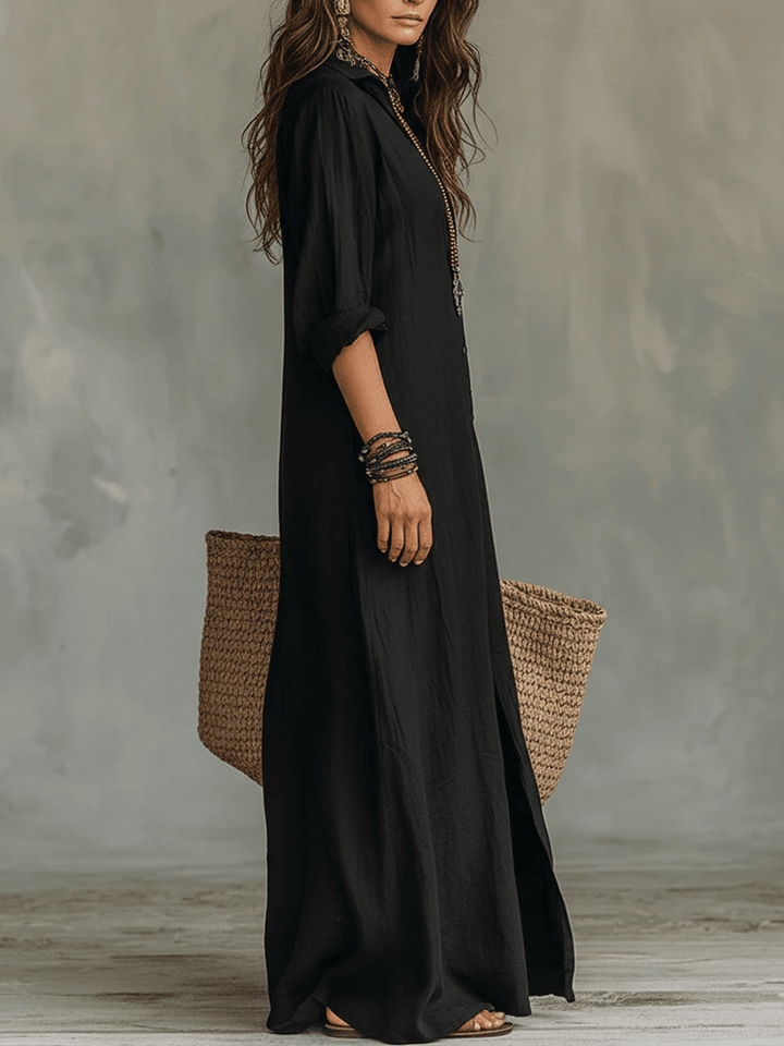 Soline™ | Maxi robe noire moulante avec boutons