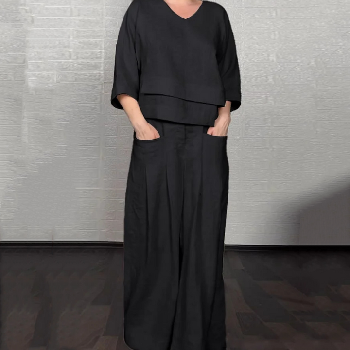 Liza - Ensemble en coton et toile 2 pièces - Haut à col en V et pantalon à jambes larges
