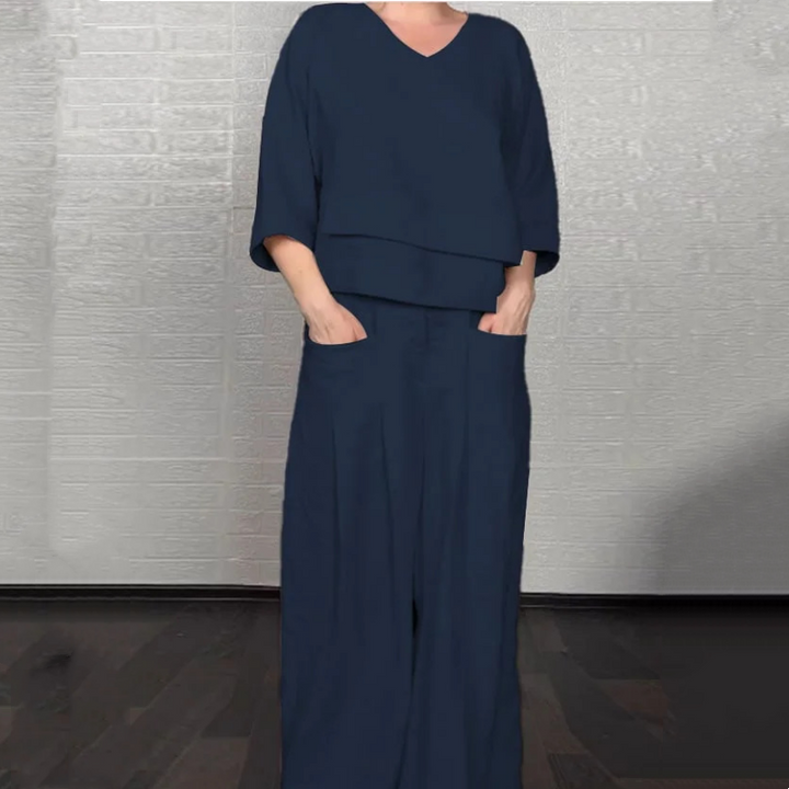Liza - Ensemble en coton et toile 2 pièces - Haut à col en V et pantalon à jambes larges
