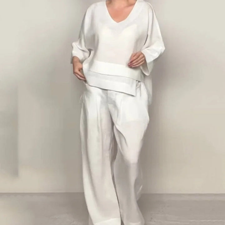 Liza - Ensemble en coton et toile 2 pièces - Haut à col en V et pantalon à jambes larges