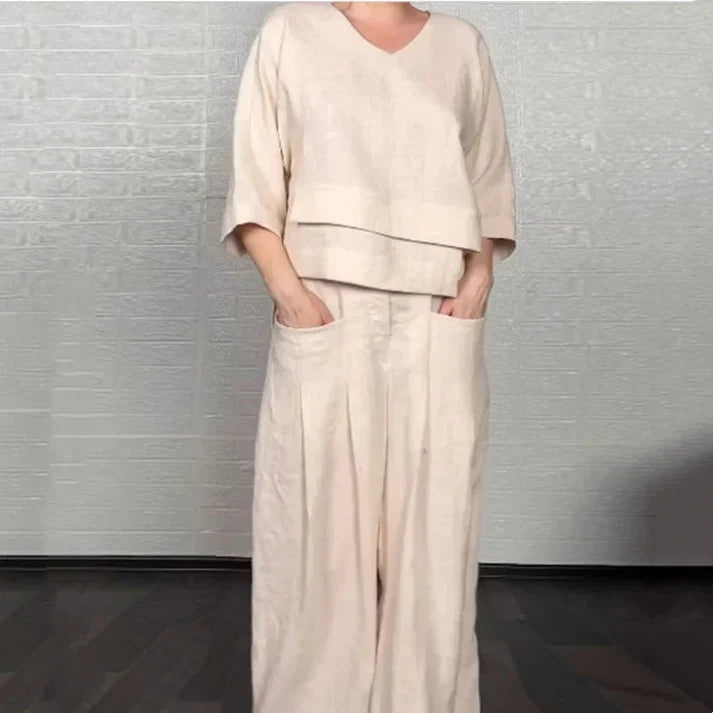 Liza - Ensemble en coton et toile 2 pièces - Haut à col en V et pantalon à jambes larges
