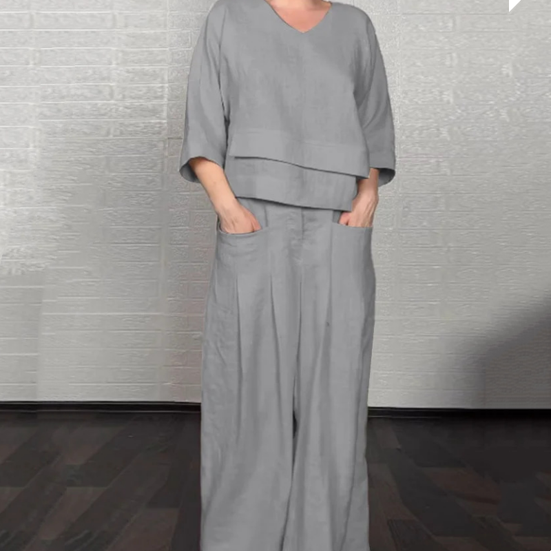 Liza - Ensemble en coton et toile 2 pièces - Haut à col en V et pantalon à jambes larges