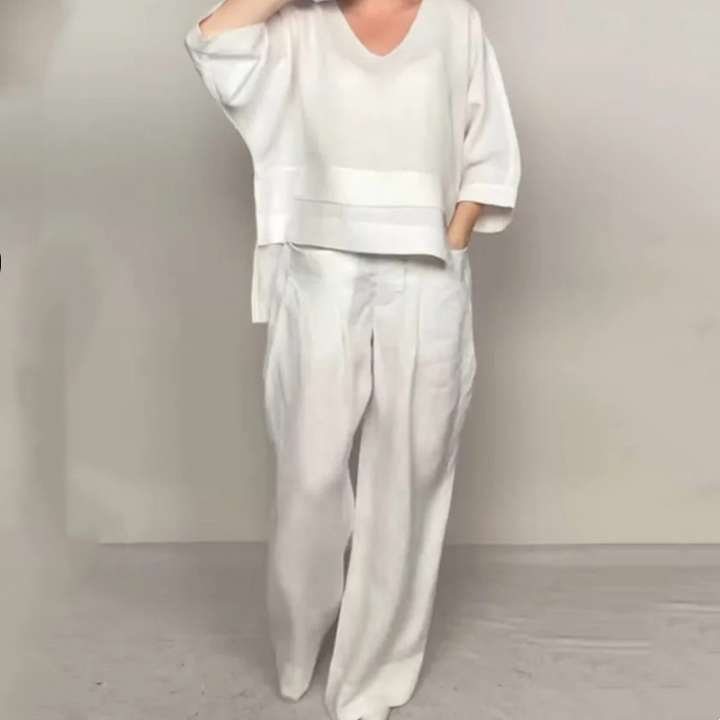 Liza - Ensemble en coton et toile 2 pièces - Haut à col en V et pantalon à jambes larges